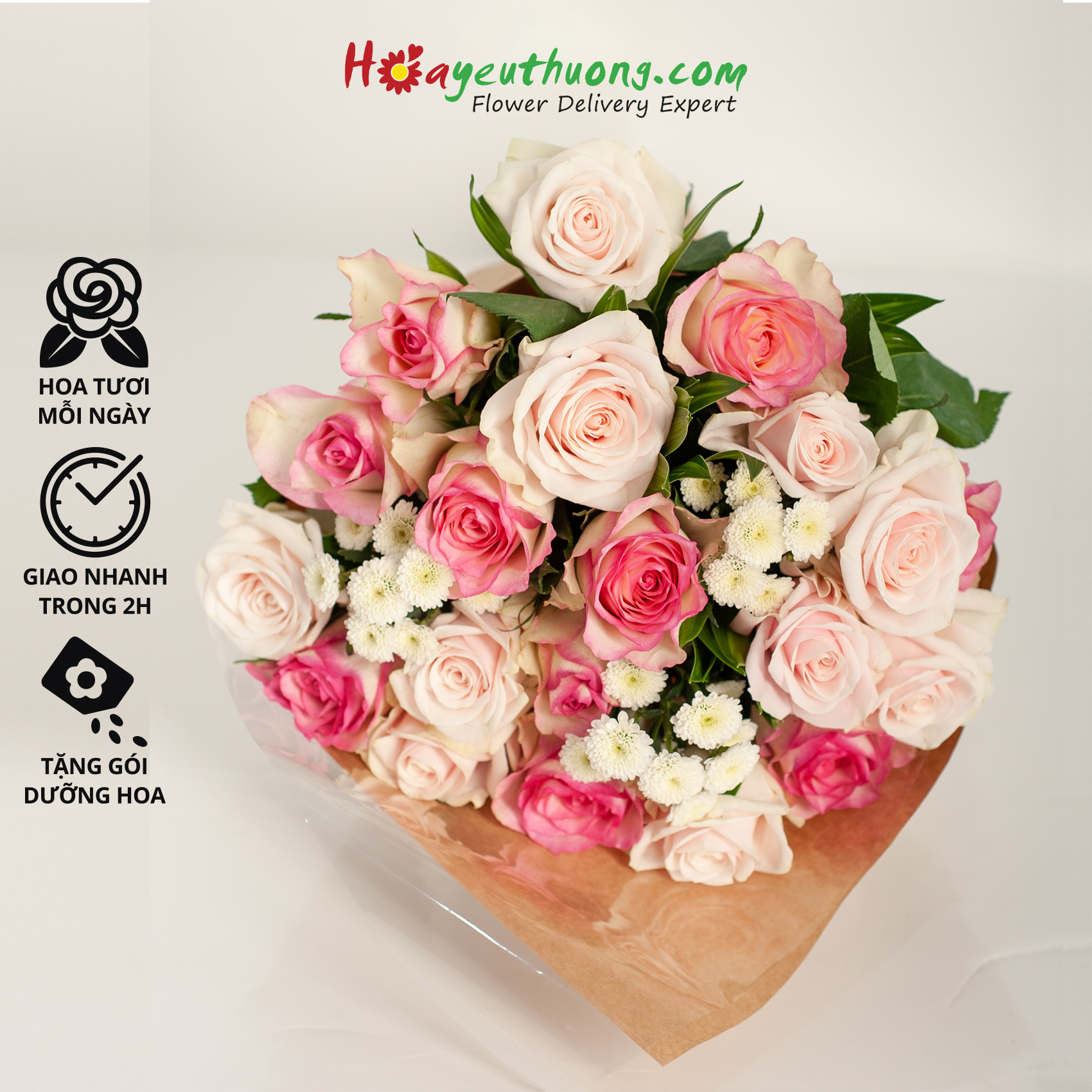 Hồng Xinh 2 - Combo hoa mix sẵn Hoayeuthuong, hoa Đà Lạt tươi cắm trang trí nhà cửa, văn phòng