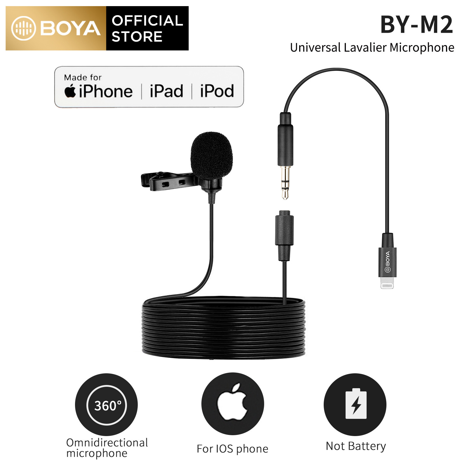 BOYA by-M2 Clip-on Lavalier Microphone Lightning Port for iOS Devices Phone Tablet Recording Vlog Making Broadcasting 