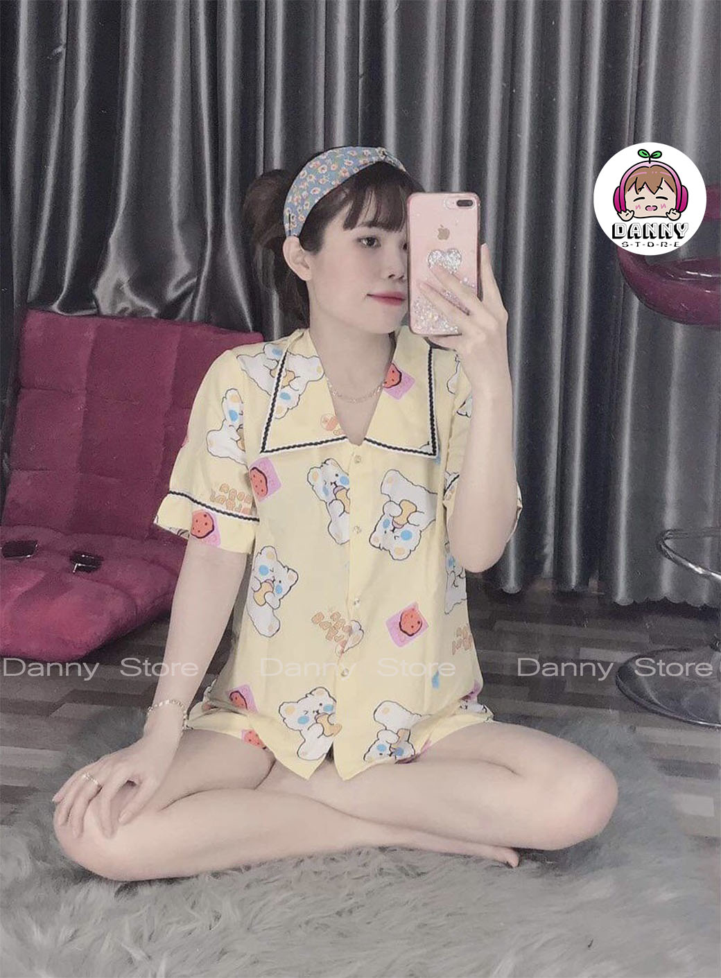 Đồ bộ Pijama ngắn, Đồ bộ lụa Mango họa tiết dễ thương cho nữ