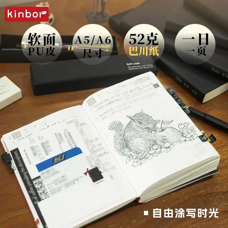 Kinbor 2024 Notebook A6 A5 Full Year Schedule 다이어리 Daily Planner and Libretas Timeline Weekly Plan Efficiency School Office