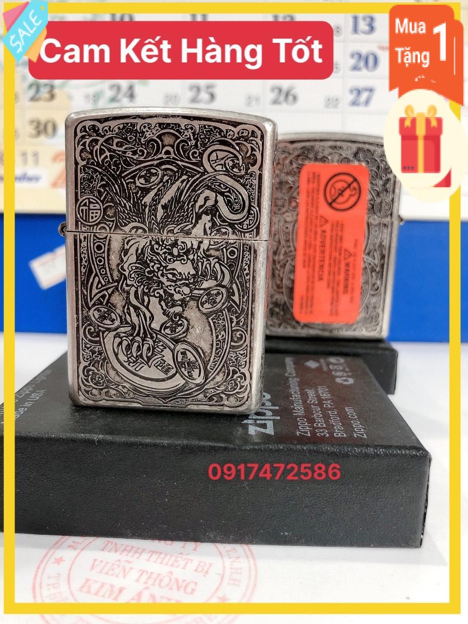 Bật lửa Zippo Amorr vỏ dầy mẫu Tỳ Hưu ( Kỳ Lân)  Bạc Giả Cổ, Khắc Chìm 5 Mặt, Vỏ đồng có Tem đỏ