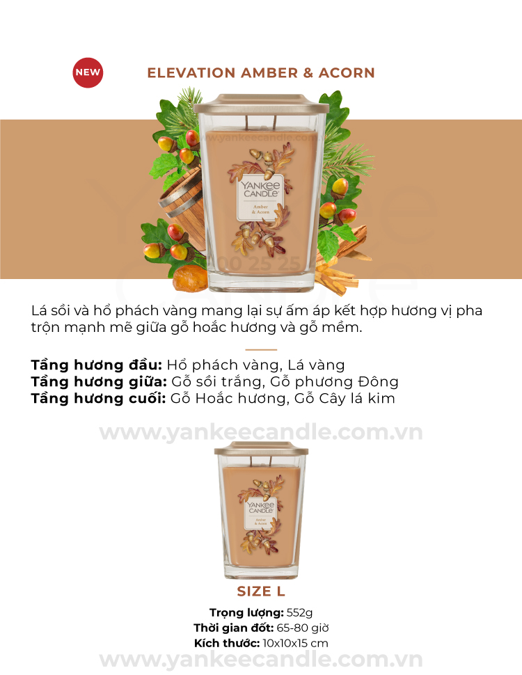 Nến ly vuông Elevation Yankee Candle size L - Amber & Acorn