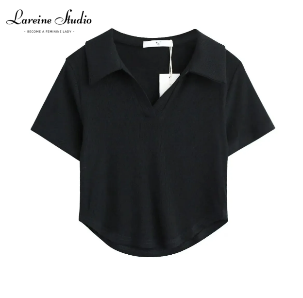 Lareine summer casual women's t-shirt slim irregular v neck cropped t-shirt