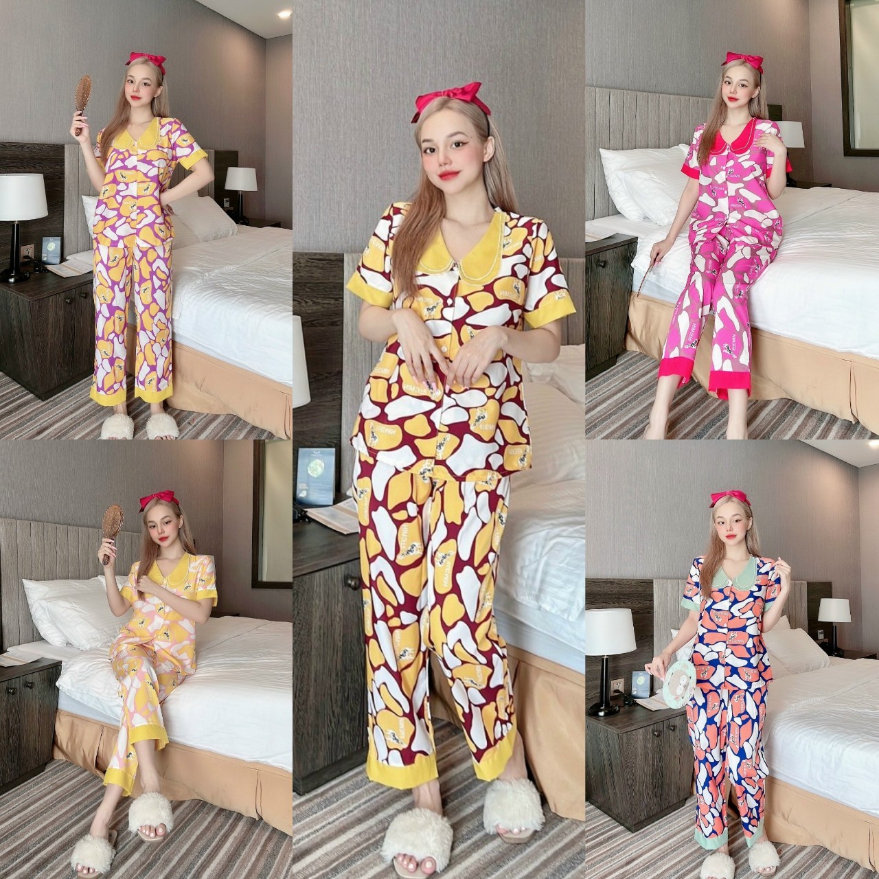 Đồ Bộ Pijama Tay Lỡ Quần Dài Vải Lụa Hàn Cổ Tròn Thắt Nơ Tiểu Thư , set bijama tay lỡ quần dài Cột Nơ Mềm Mại Freesize Dưới 62Kg-CÓ TÚI QUẦN