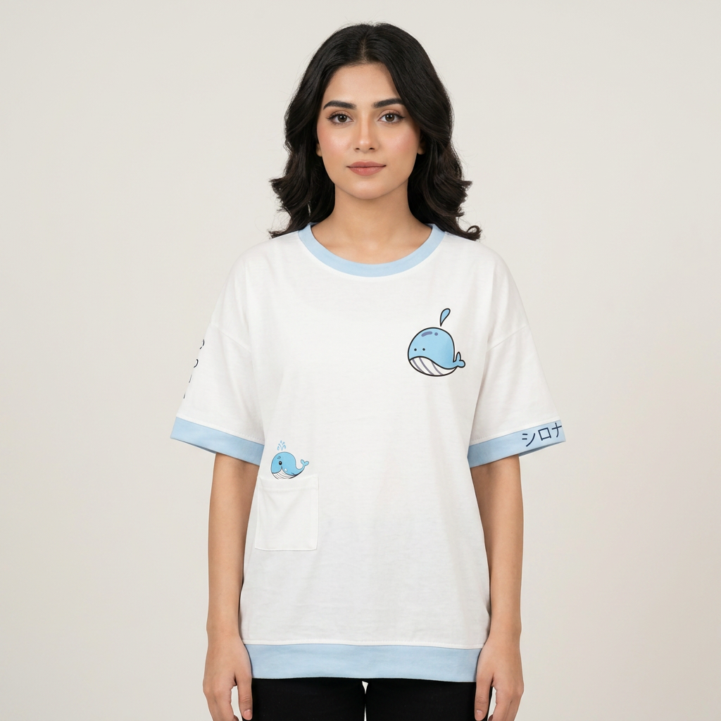 New Fashion Cute Little Shark Print Ladies Short Sleeve T-Shirt High Quality- Drop Shoulder