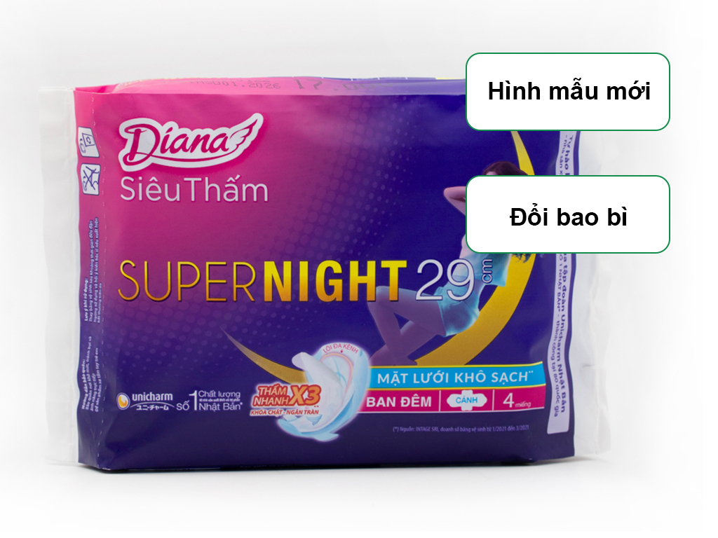 Set 6 Túi Băng Vệ Sinh Diana đêm Super Night 29cm Gói 4 Miếng