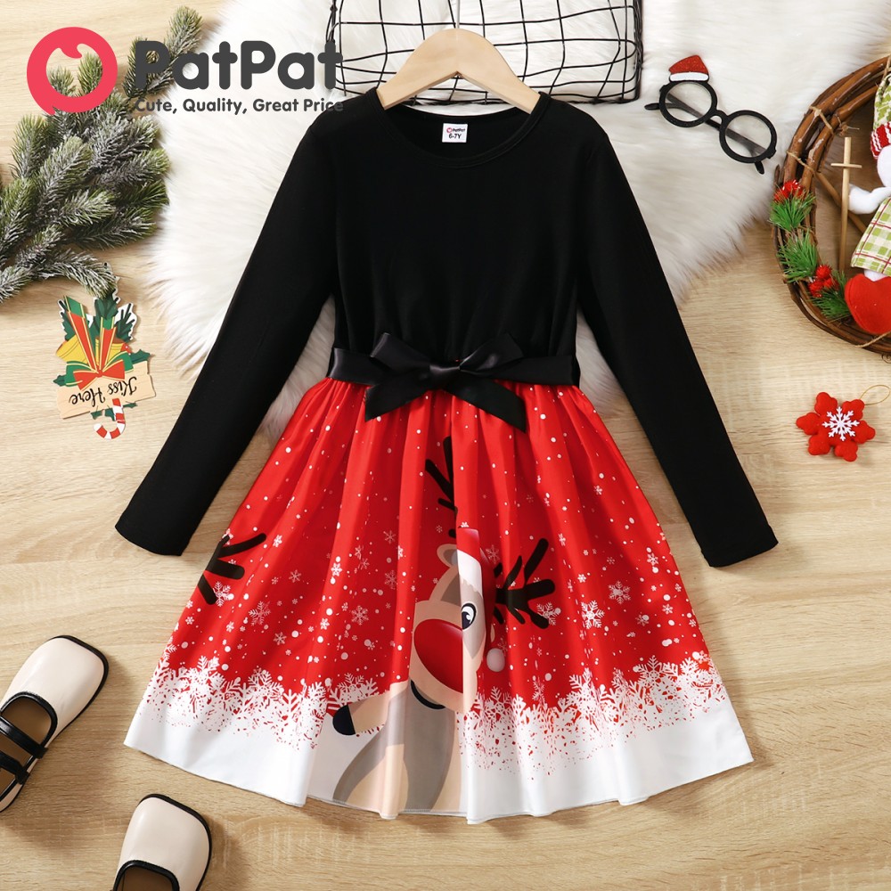 PatPat Kid Girl Animal Pattern Christmas Elk Bandage Dress