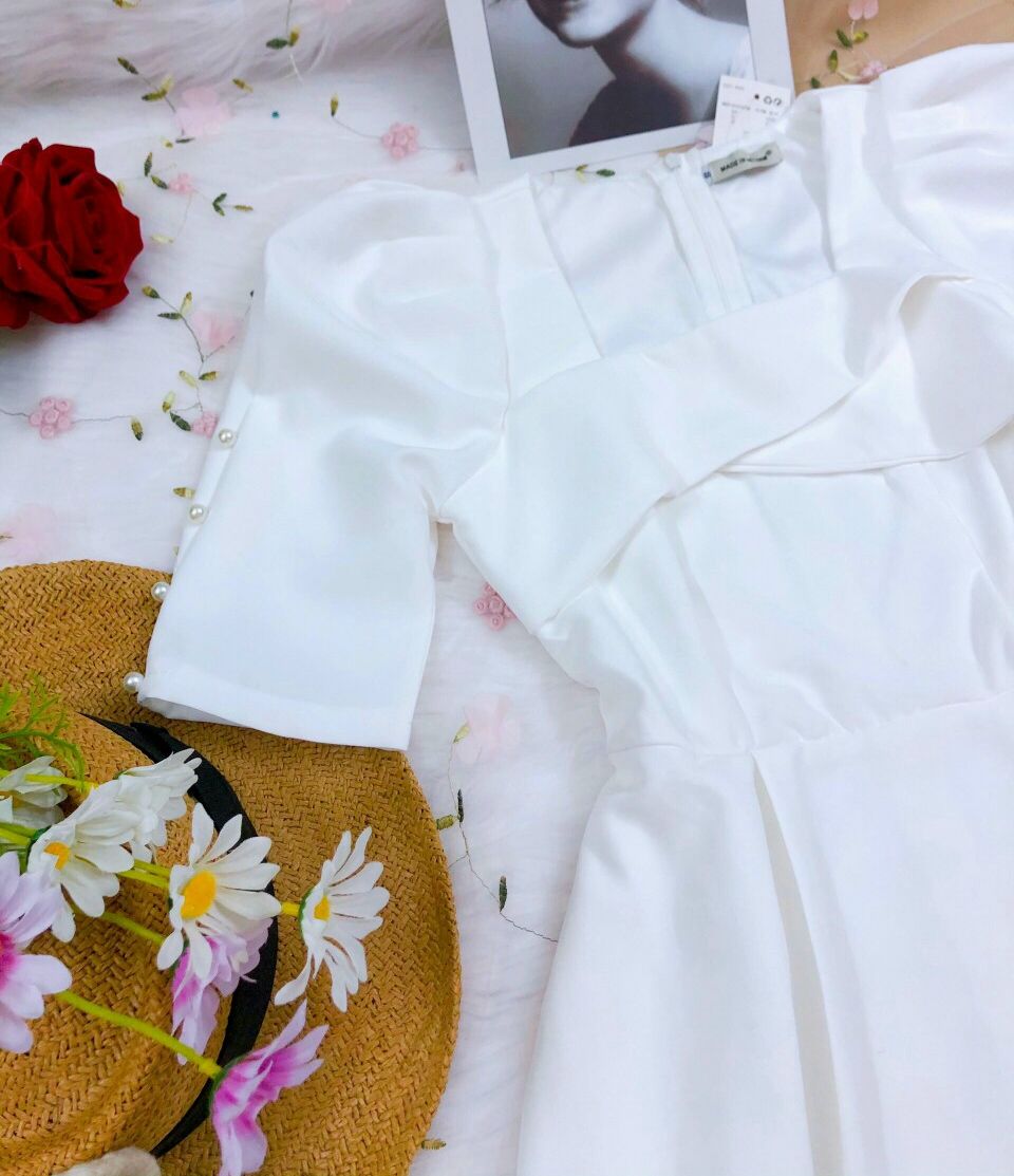 ĐẦM DỰ TIỆC TRẮNG CỔ VUÔNG DÁNG XOÈ TIỂU THƯ (CÓ ẢNH THẬT)
