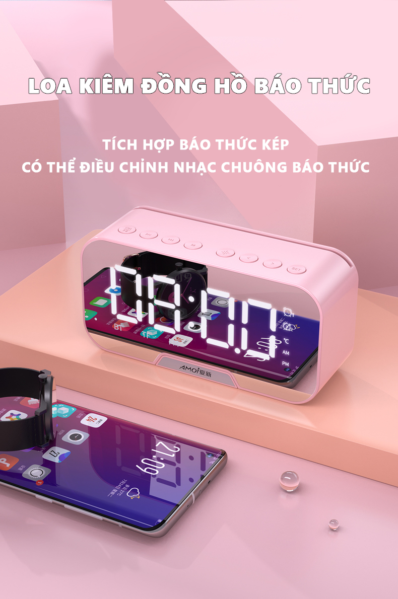 Loa không dây D88 tích hợp đo nhiệt độ phòng, loa kiêm giá đỡ điện thoại, đồng hồ báo thức, loa bluetooth 5.0, loa mini âm thanh hifi