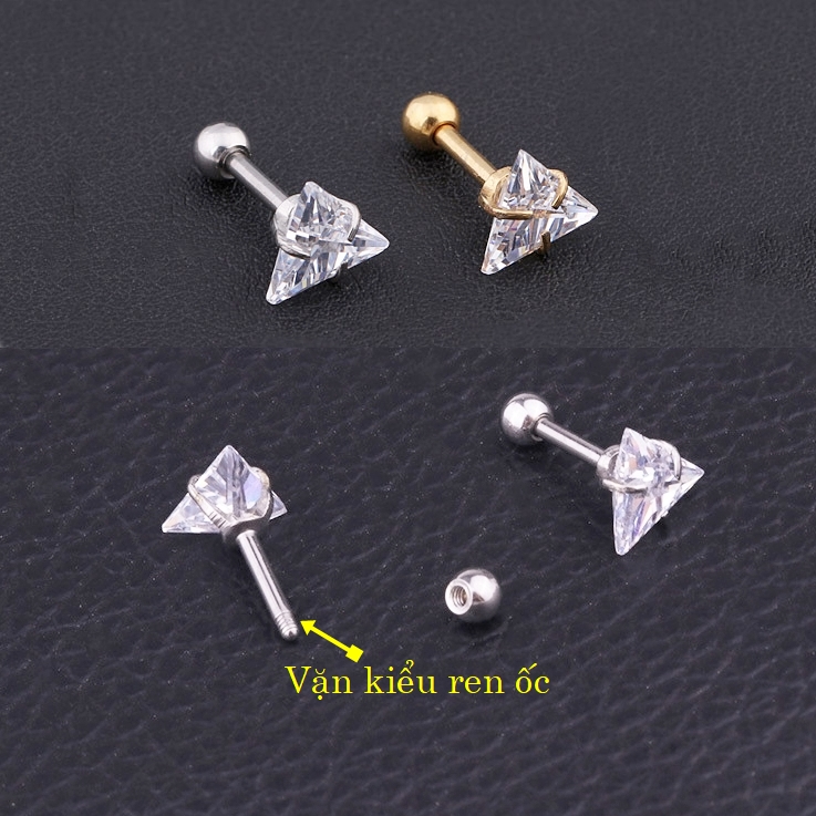 Bông tai titan nữ đính đá hình tam giác 3 mm 4 mm 5 mm 6mm