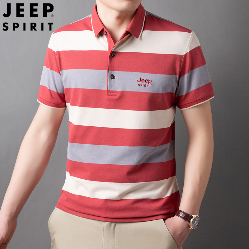 Jeep spirit men's polo shirt summer casual business fashion striped lapel short-sleeved t-shirt polo shirt