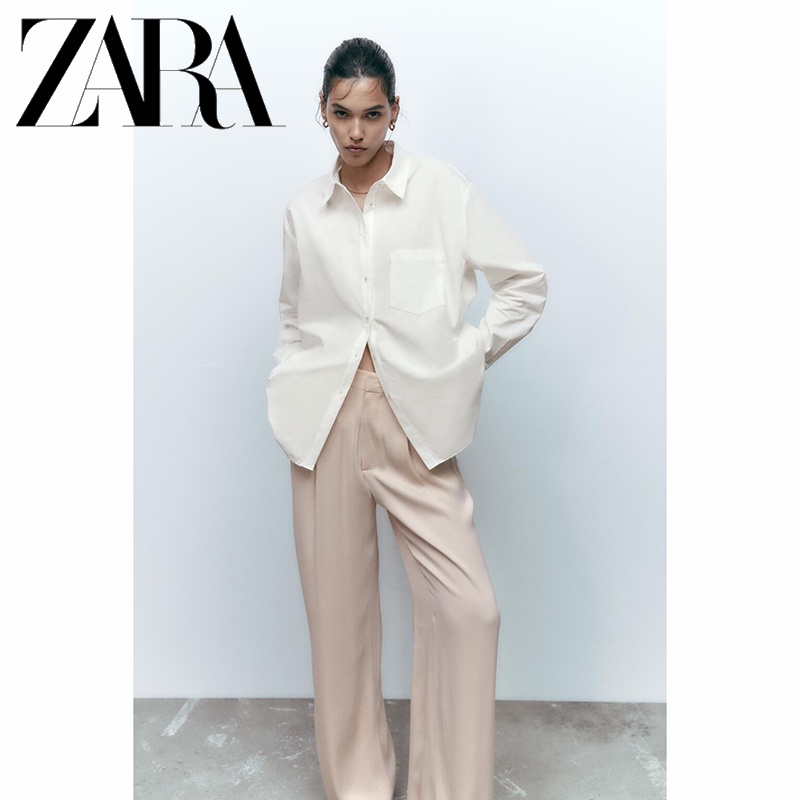 Zara Áo Sơ Mi Vải Lụa Phối Màu Tương Phản Cá Tính Cho Nữ