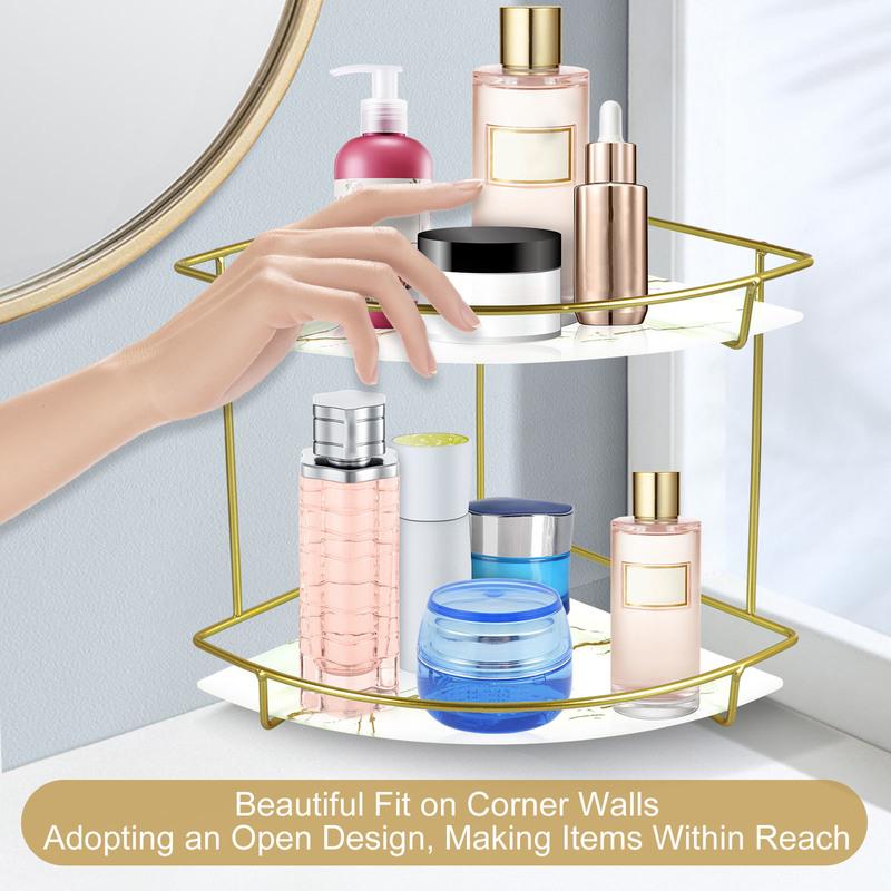 Tam giác kim loại truy cập kệ để góc phòng 2 tier góc kệ phòng tắm organizer kim loại truy cập kệ để góc phòng với cẩm thạch khay thủy tinh vanity organizer 2 tier góc kệ phòng tắm organizer tiết kiệm không gian góc chăm sóc da tổ chức