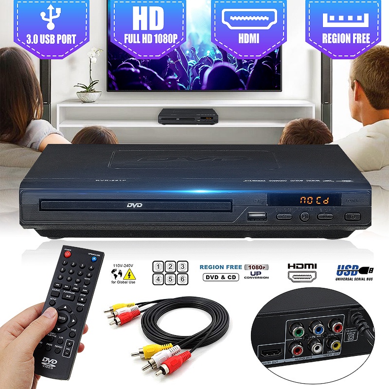 Multi System 1080P DVD Player Portable USB 2.0 3.0 DVD Player Multimedia Digital DVD TV Support HDMI CD SVCD VCD MP3 15W AC 110V-240V