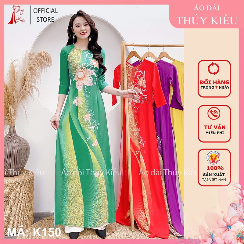 Áo dài Thúy Kiều Áo dài lụa Nhật nền xanh K150 óng ánh hoa ngực ❤️FREESHIP❤️mềm mại, co giãn, áo dài giá rẻ