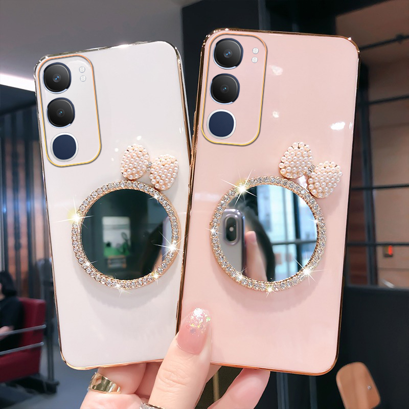 New Phone case Vivo Y29 Back cover with Bow Makeup Mirror Luxury Shiny Gradient Clear Soft 6D Plating Girls Slim for VIVO Y29 5G case.