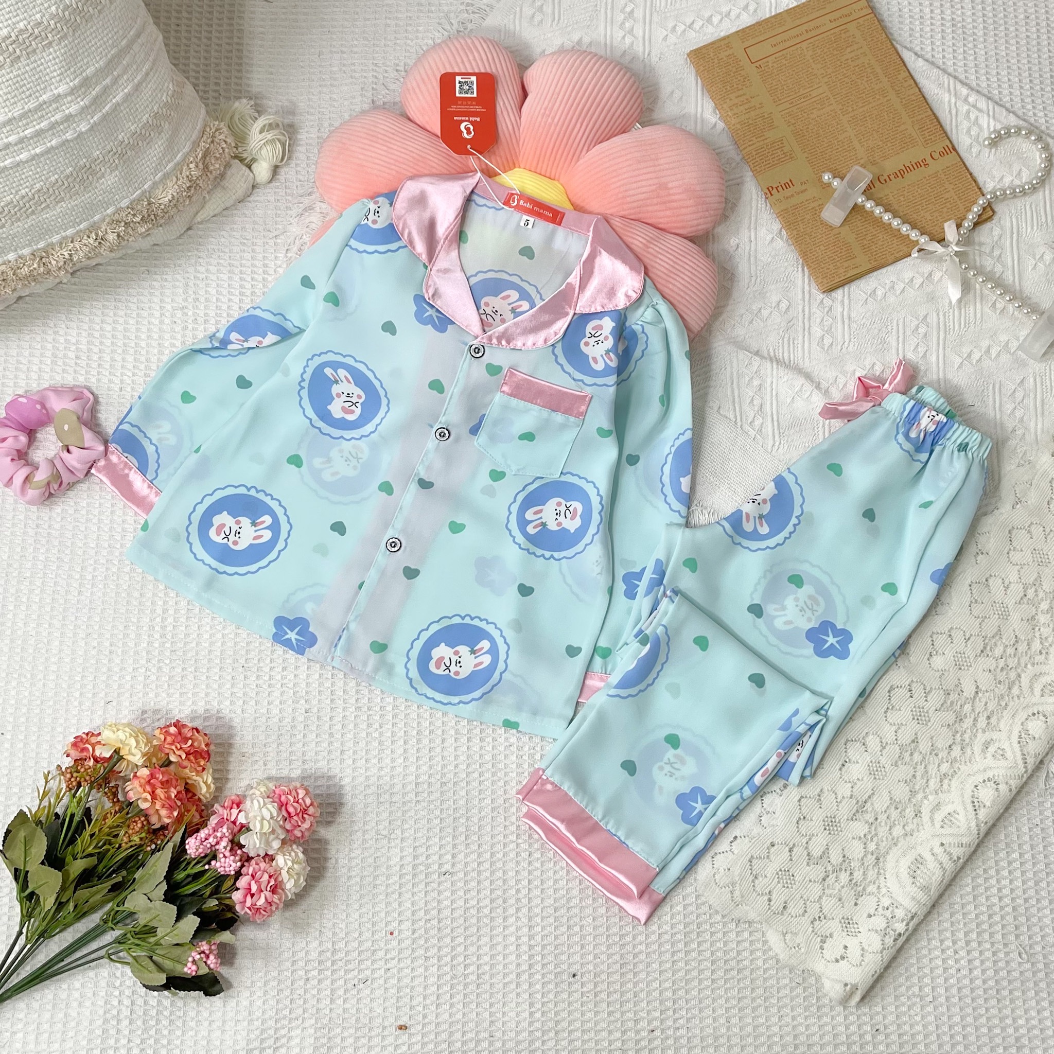 Bộ Ngủ Pijama Lụa Mango Dài Tay cho bé gái