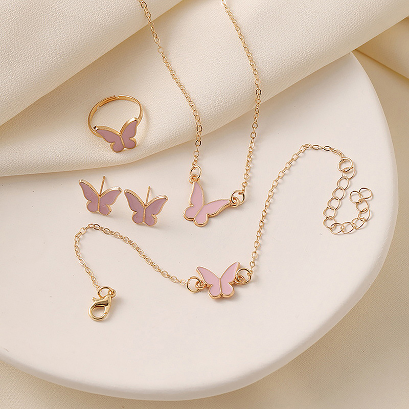 1Set Fashion Exquisite Simple Versatile Butterfly Necklace Bracelet Earrings Ring For Women Girls Wedding Party Jewelry Set Gift Mzea