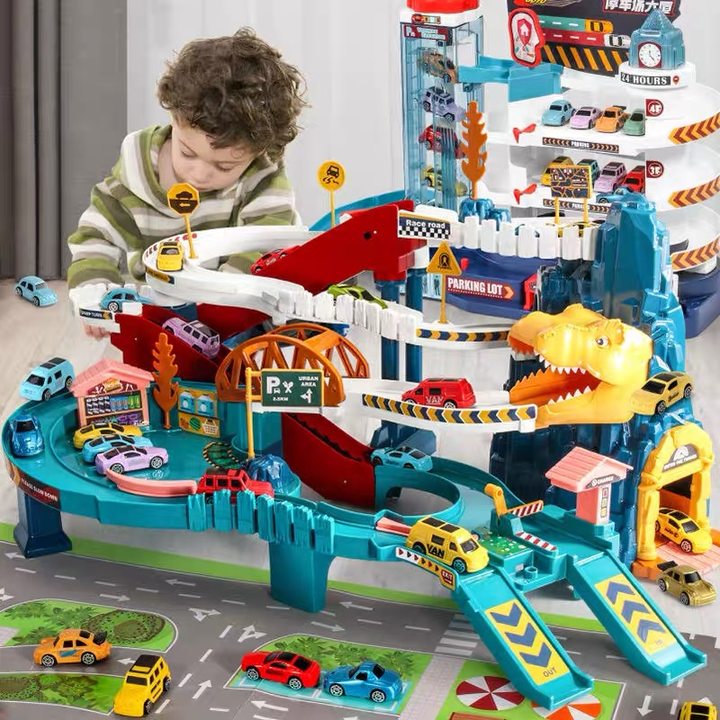 Bộ đồ chơi đường đua khủng long siêu tốc kết hợp garage đỗ xe ô tô 5 tầng
