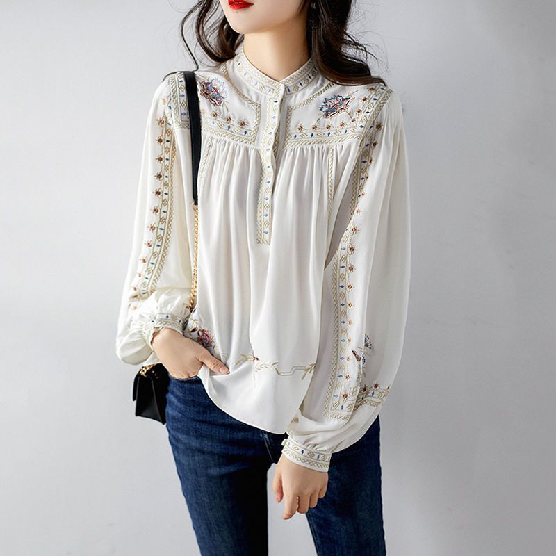 Fashion All-match Printed Shirt Women 2023 Spring and Autumn New Retro Bohemian Style Lantern Sleeve Small Shirt