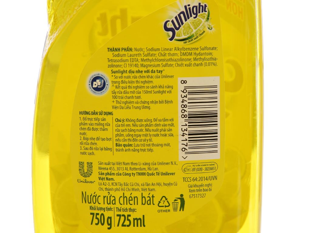 Nước rửa chén Sunlight chanh 725ml
