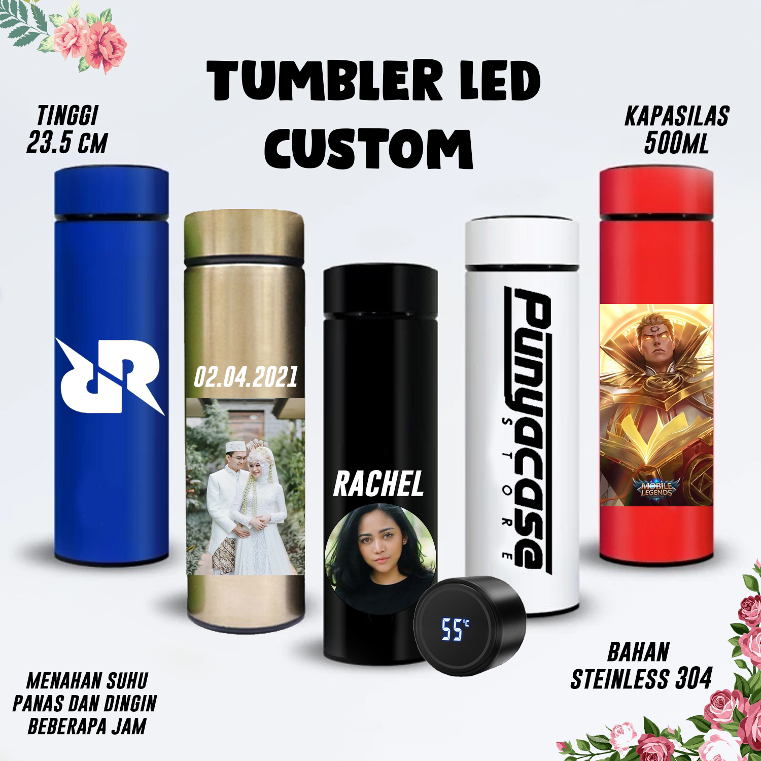 Custom Tumbler Termos Led Bisa Request Foto Dan Nama Cetakan Uv Print Termos Led 500ml 8601