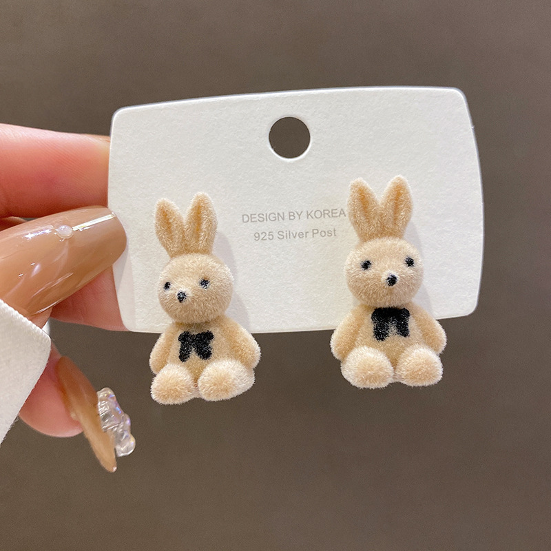 Cute Plush Rabbit Pendant Earrings -Girls Women Korean Fashion Teddy Bear Stud Earrings- Cute Cartoon Ear Stud Jewelry. 
