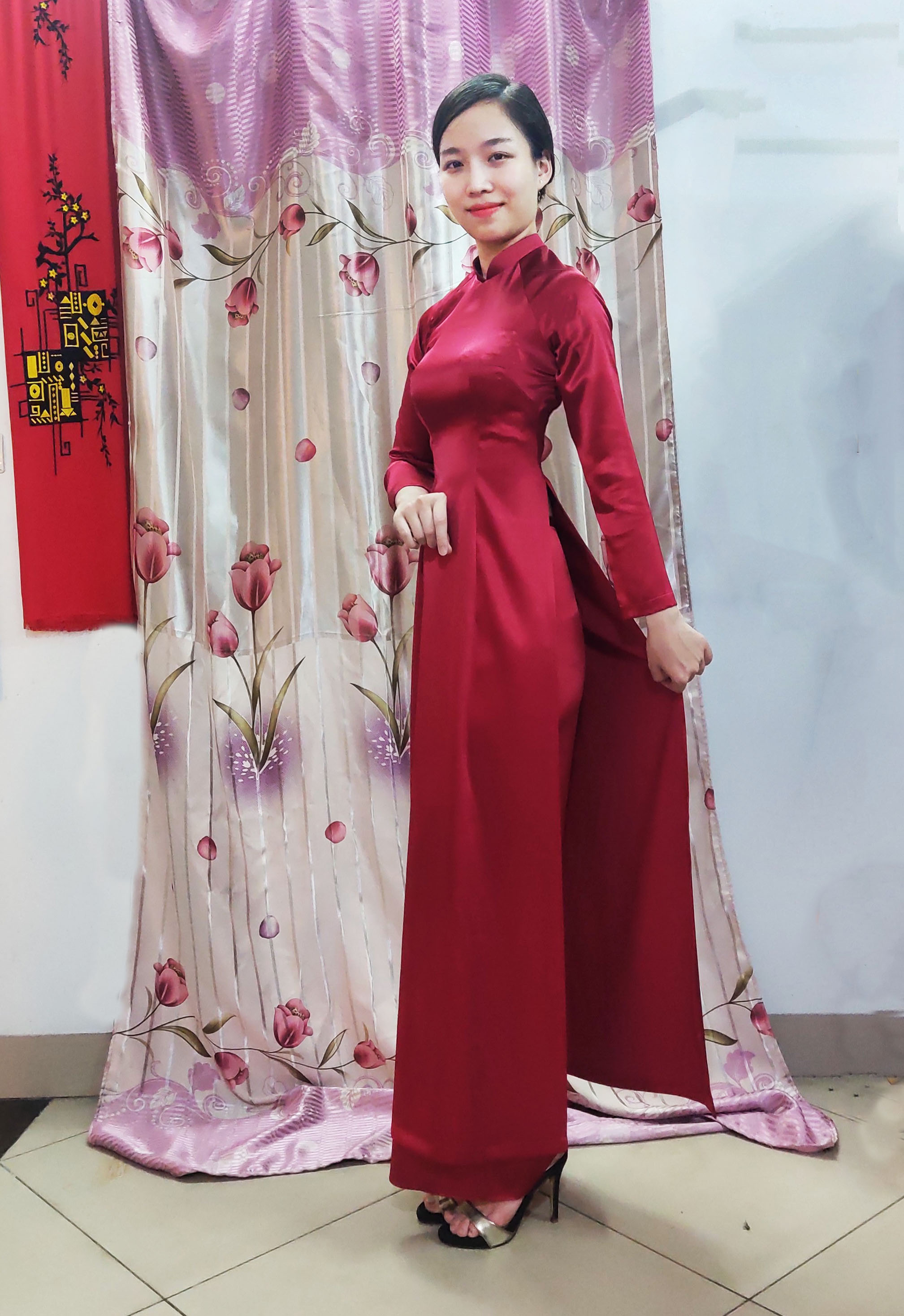 Áo dài truyền thống lụa phi bóng màu đỏ đô, áo dài nữ may sẵn có bigsize - hàng loại 1 có nhận may đo