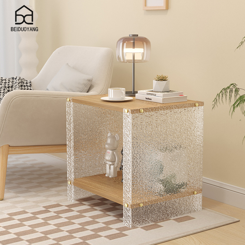 Acrylic parallel coffee table, modern minimalist living room, square side table, small household practical shelves