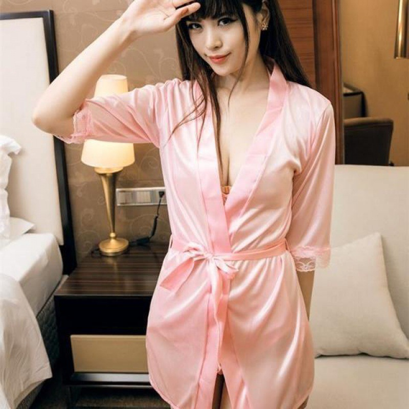 (Tặng kèm chíp) Áo choàng ngủ lụa satin phong cách kimono sexy