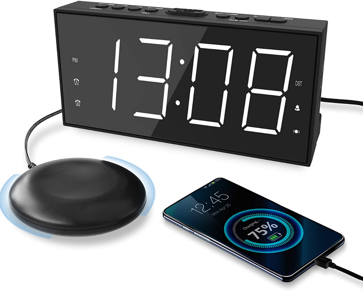 Roxicosly Loud Alarm Clock With Bed Shaker For Heavy Sleeper Vibrating Alarm Clock With Usb Charger For Hearing Impaired Deaf Dual Alarm Clock 7 5 Display With Dimmer Snooze 12 24h Battery Backup