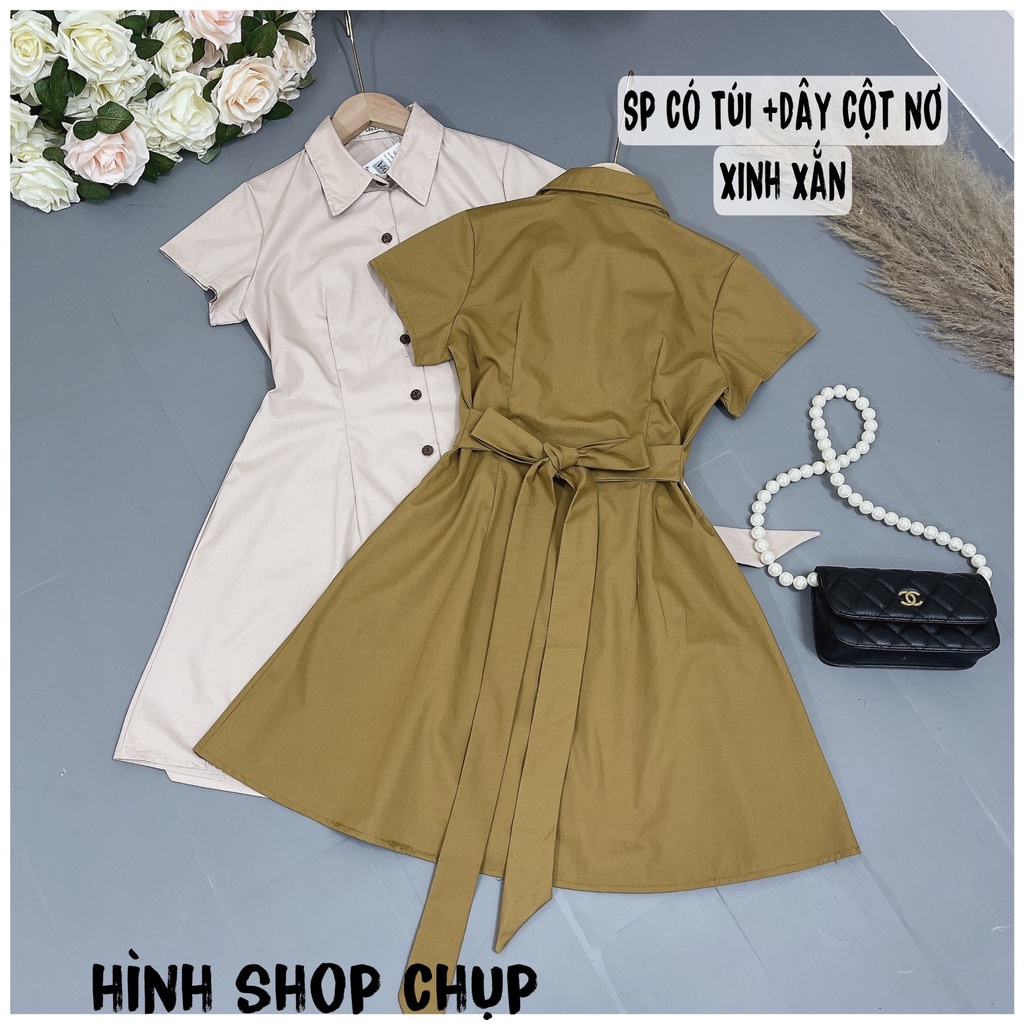 Váy Đầm Sơ Mi Thô Ngắn Tay Cổ Đức kèm dây thắt eo