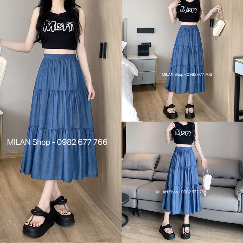 AA18-Chân váy bò(jean) lụa cực mát dáng dài xoè tầng Quảng Châu