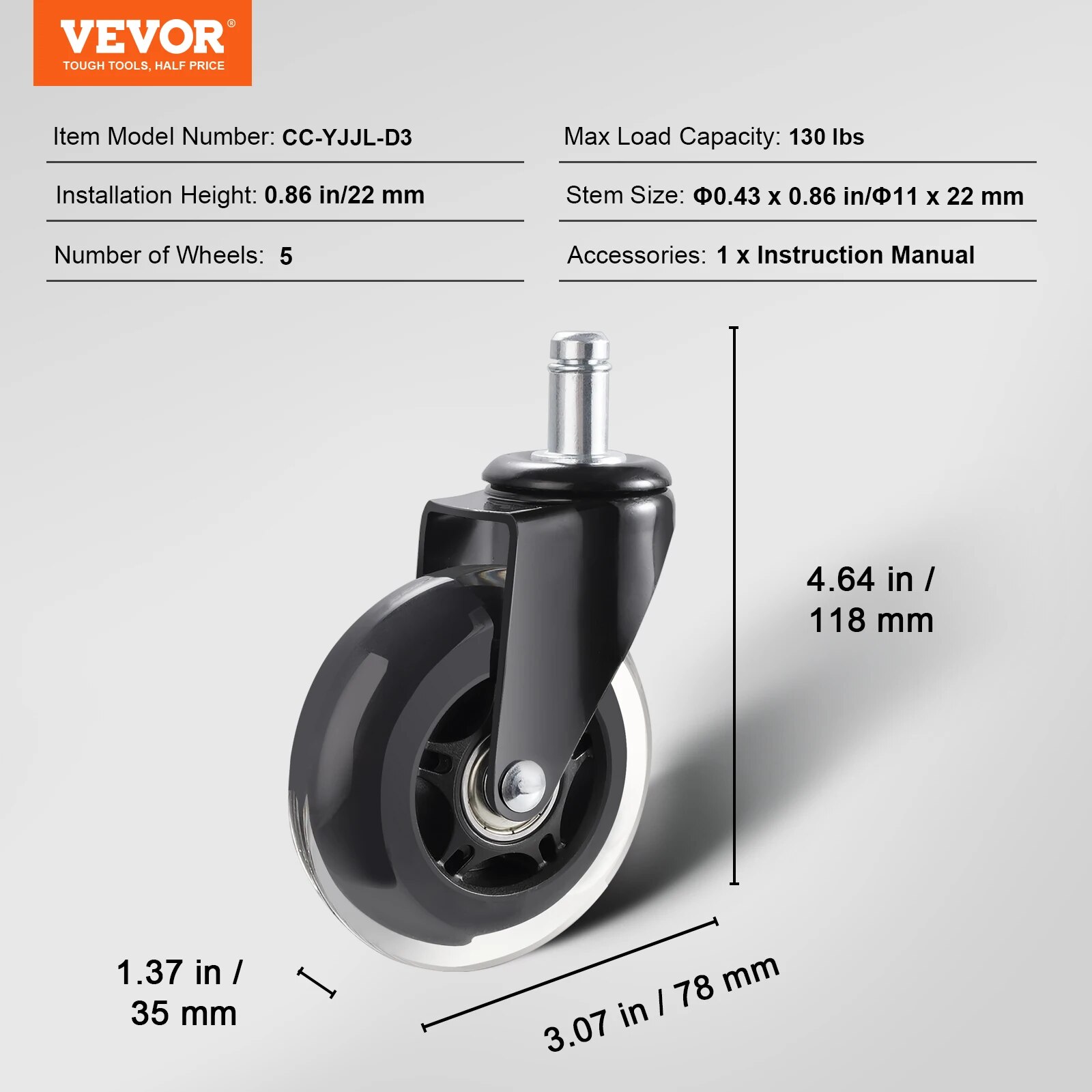 VEVOR 2/3 Inch Set Of 5 Office Chair Wheels Replacement Computer Gaming Desk Universal Caster For Hardwood Floors And Carpet