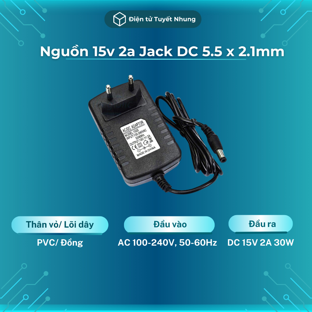 Nguồn 15v 2a jack dc 5.5 x 2.1mm chất lượng - adapter 15v 2a giá tốt, nguồn loa kéo 15v 2a lỗi 1-1 trong 7 ngày