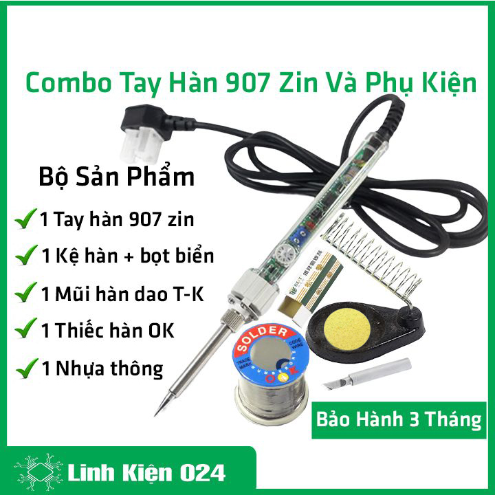 Combo tay hàn điều chỉnh nhiệt 907 zin và 5 món phụ kiện (mũi hàn dao T-K, kệ hàn lò xo, bọt biển tròn, thiếc hàn OK, nhựa thông hộp) BẢO HÀNH 3 tháng