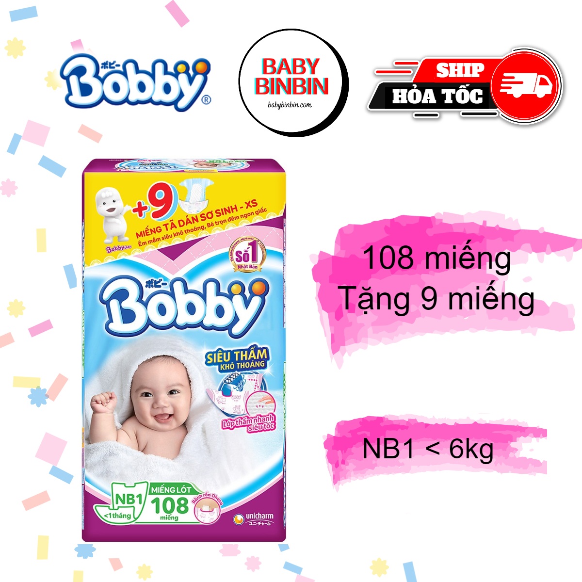 (CỘNG 9 MIẾNG) Miếng lót sơ sinh Bobby Newborn NB1 108 miếng (cho bé dưới 1 tháng <6kg)
