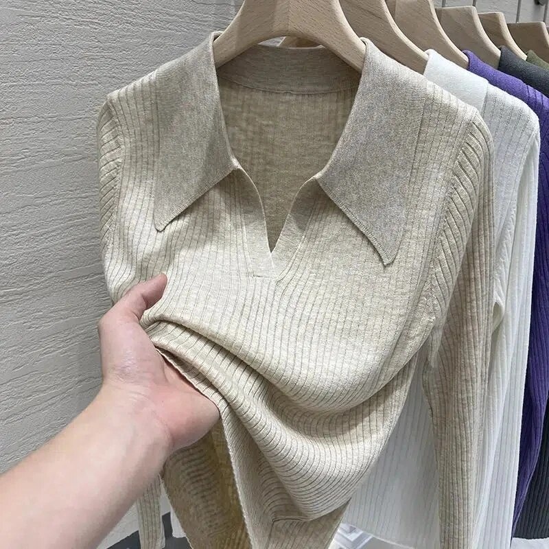 Áo chui đầu nữ dệt kim dài tay dáng ôm cổ Polo mỏng mùa xuân và mùa thu mỏng màu trơn dáng rộng cơ bản