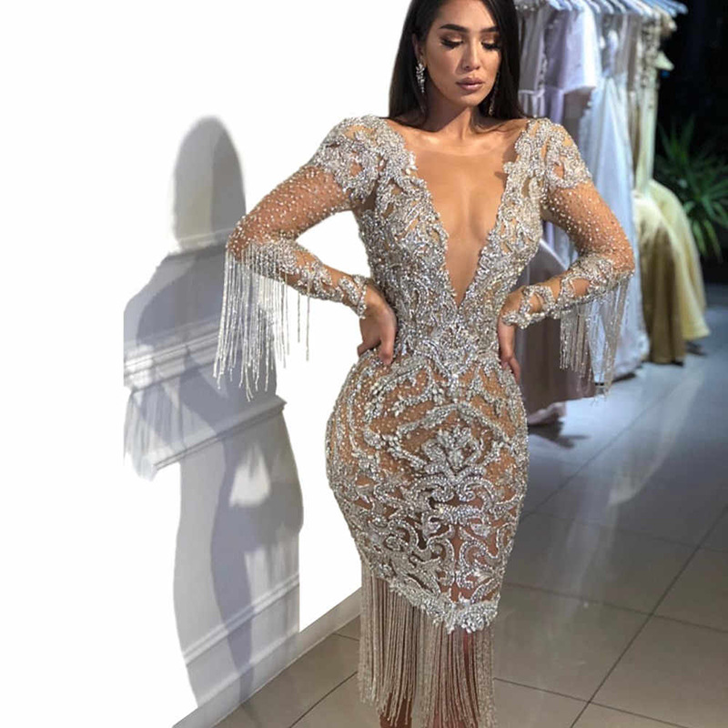 Women's Deep V Hollow Long sleeved Sprinkled Gold Long Dress Dress Dress