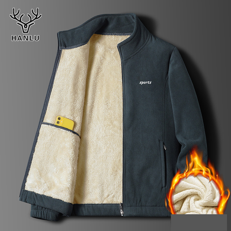 Hanlu Men's thickened velvet stand collar warm cotton jacket Simple large size solid color jacket