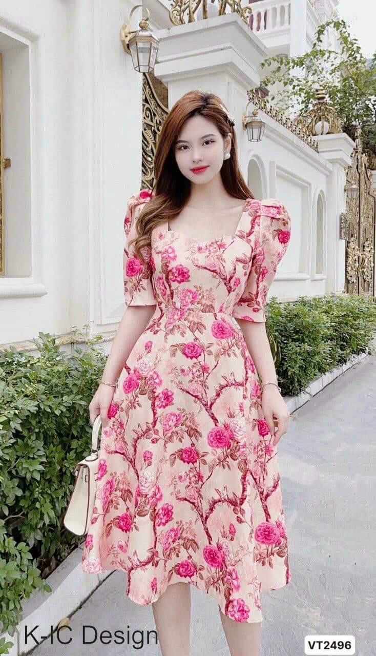 Đầm xòe họa tiết hoa xinh xắn thời trang nữ rose fashion
