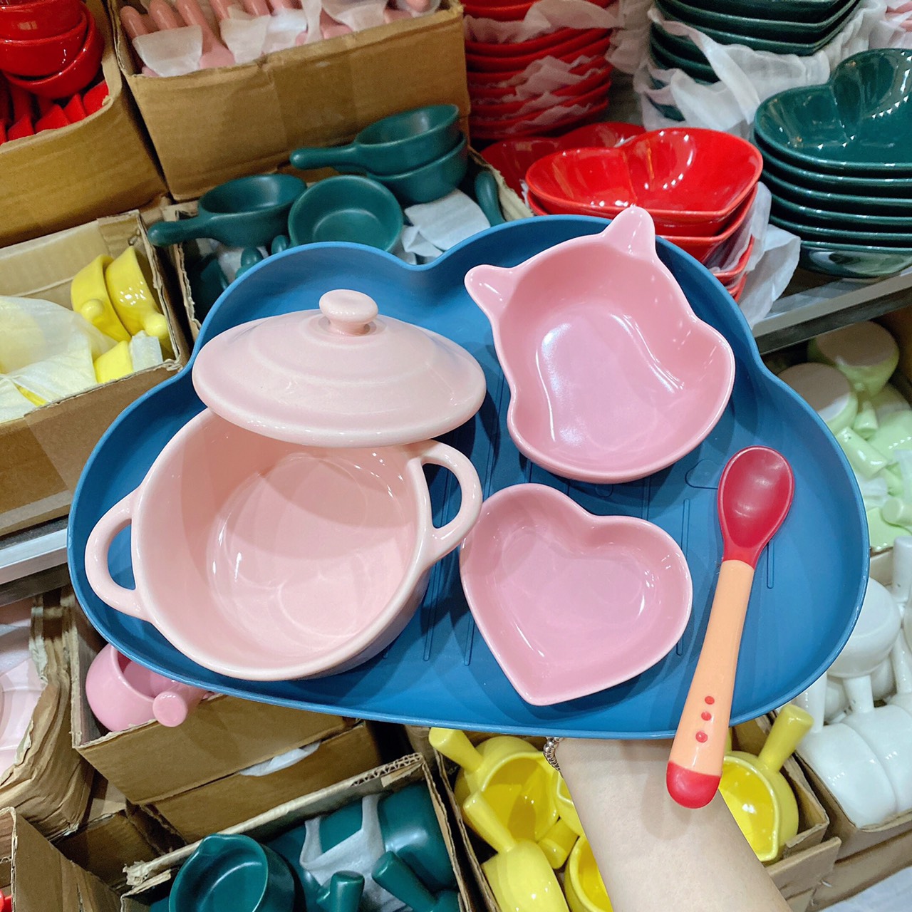 Combo Chén Sứ Ăn Dặm Màu Hồng Cho Bé