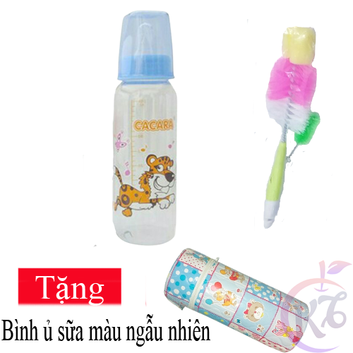Bình sữa nhựa cổ thường 250ml Cacara Tặng 1 cọ rửa bình và núm ty + ủ bình sữa cổ nhỏ màu ngẫu nhiên - bình sữa cổ hẹp an toàn cho bé