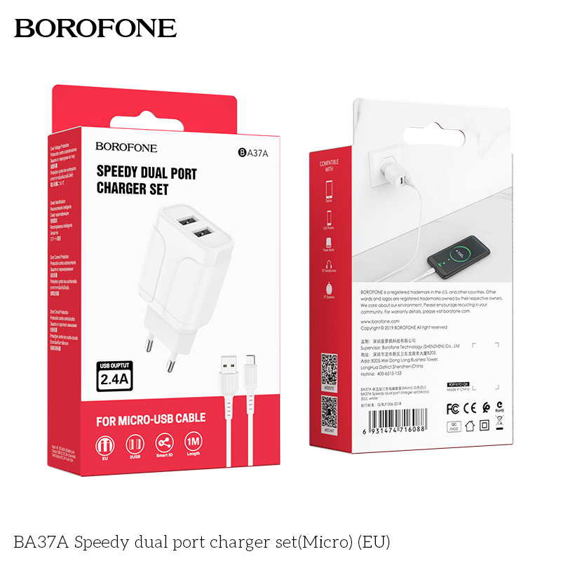 Bộ sạc cáp 2.4a borofone ba37a gồm 2 cổng usb, đầu lightning, micro, type-c dây dài 1m - chính hãng