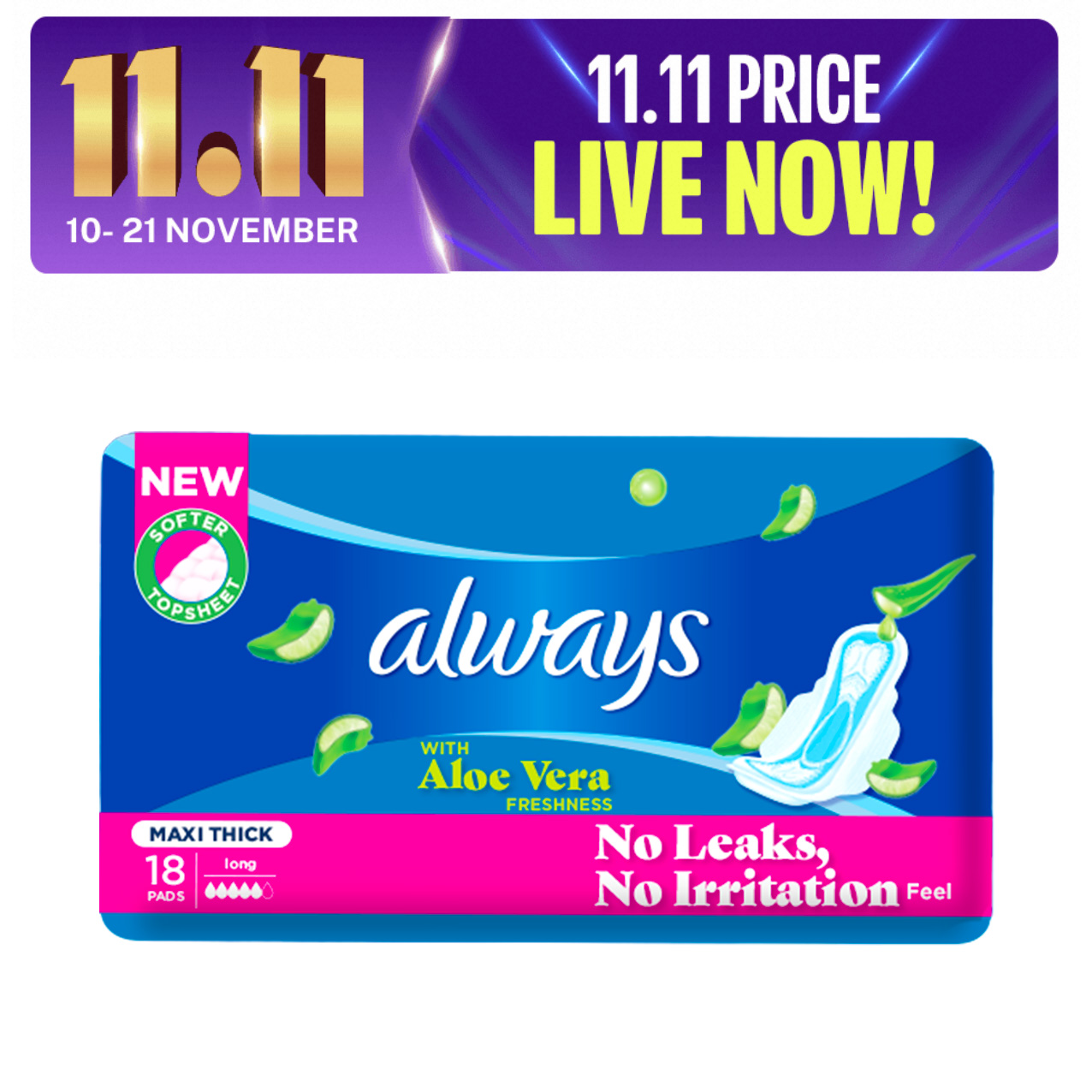 Always Thicks Sanitary Pads Long Value Pack 18 Count. 