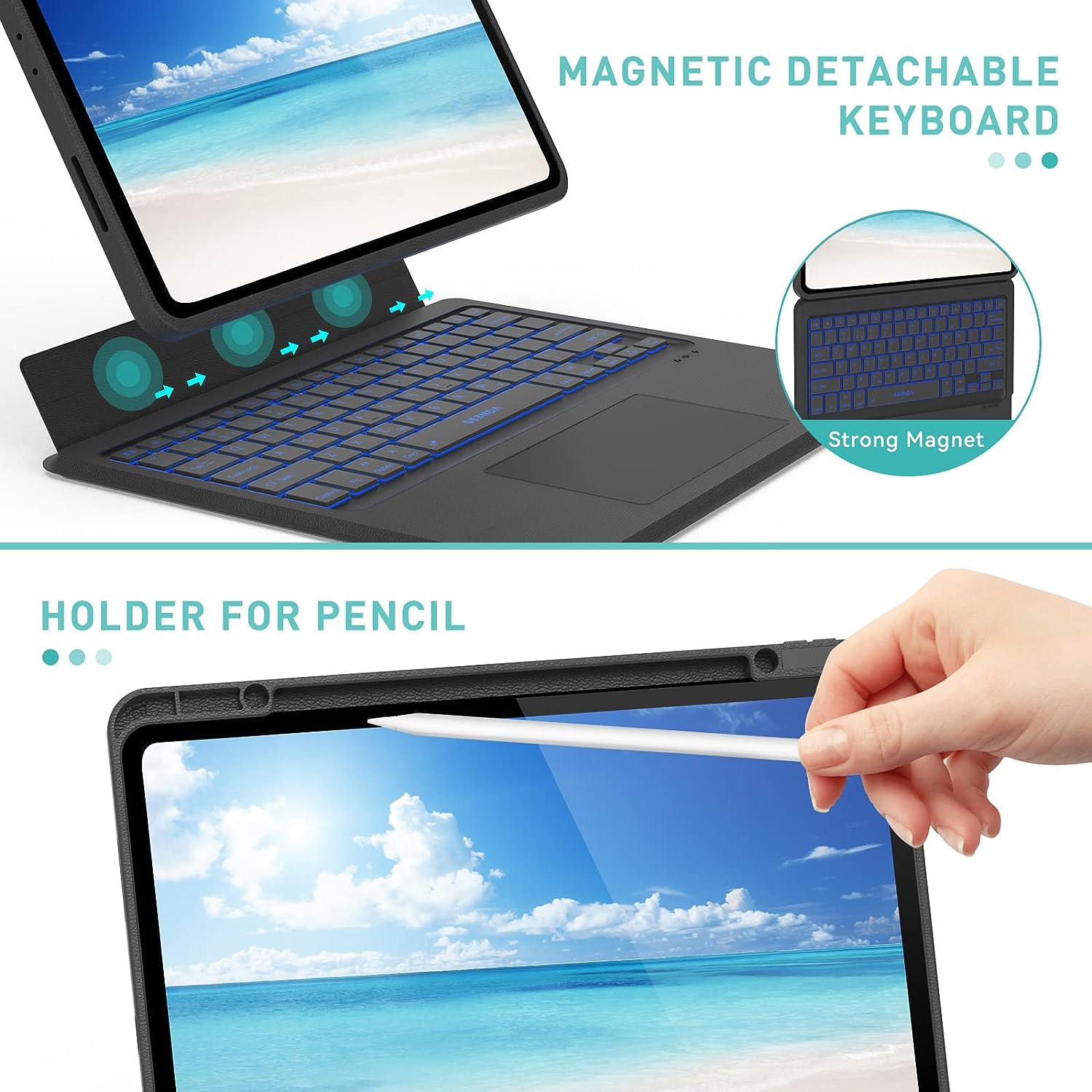 MD IPad Pro 12.9 Case with Keyboard, Keyboard Case for iPad Pro 12.9 inch 6th/5th/4th/3rd Gen, Bluetooth Backlit Keyboard with Trackpad, Apple Pencil Holder, for (2018-2022) iPad Pro 12.9, Black