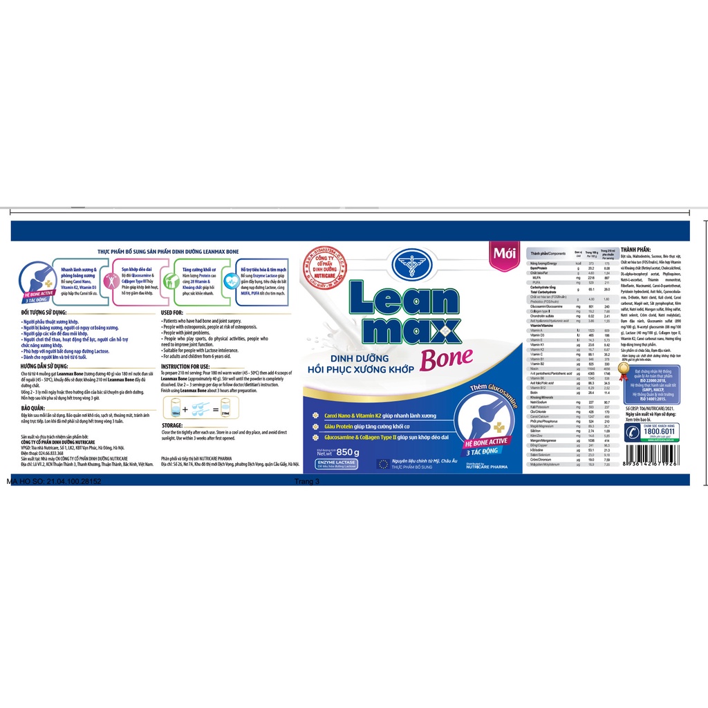 Sữa LEANMAX BONE 850g (Tốt cho xương và khớp)