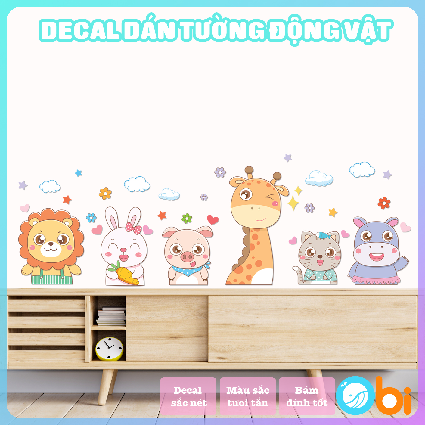 Decal dán tường cho bé  - Decal động vật vui vẻ Obi