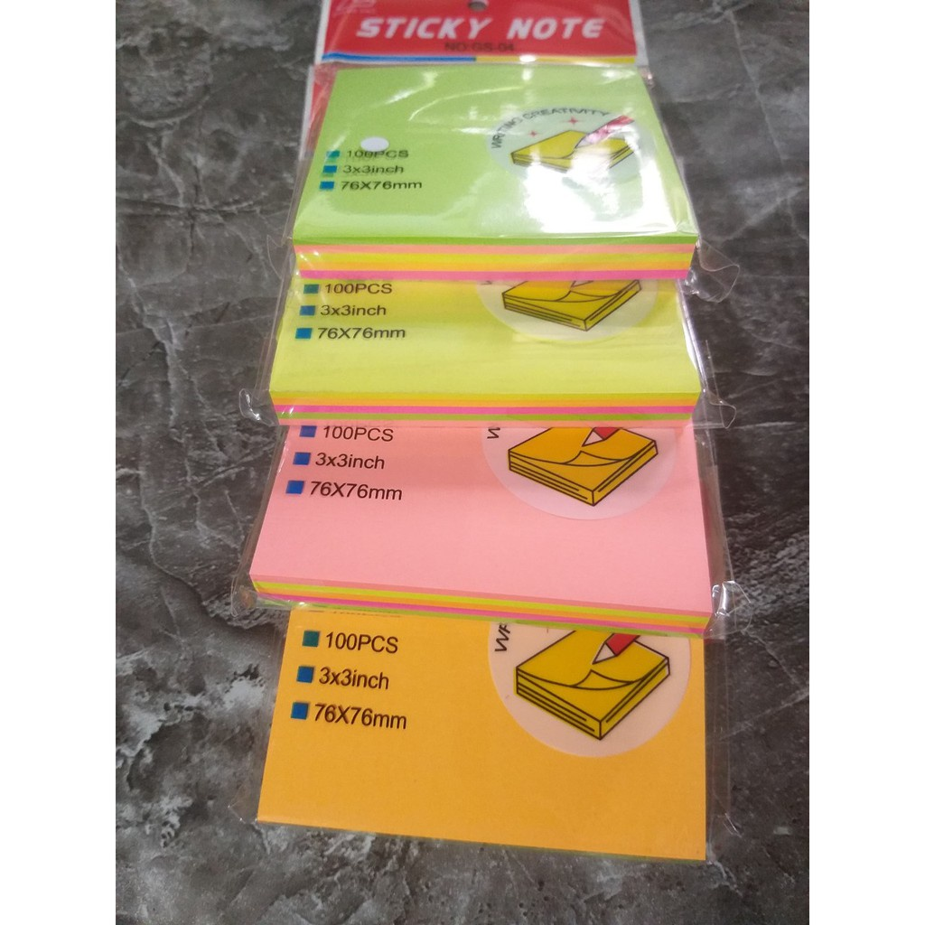 Giấy ghi chú, note 5 màu Sticky note GS-04 (3X3 inch), Xấp 100 tờ