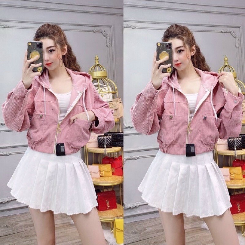 Áo khoác lửng nữ, chất liệu Nhung Bố Croptop phối nói cá tính